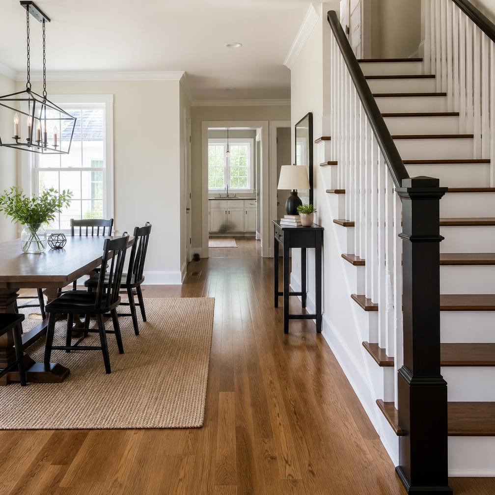 Clean dining area and staircase with polished hardwood floors