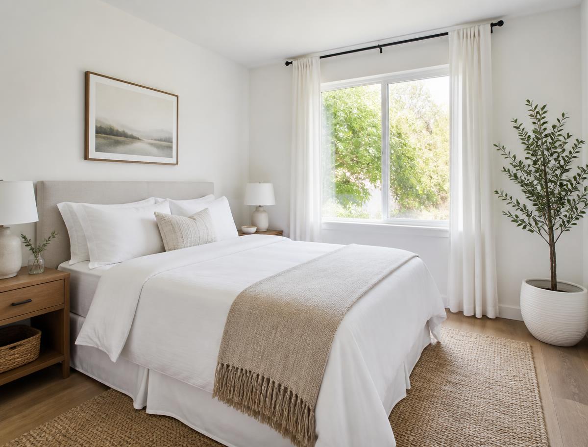 Spotless bedroom with crisp white bedding after a residential cleaning service